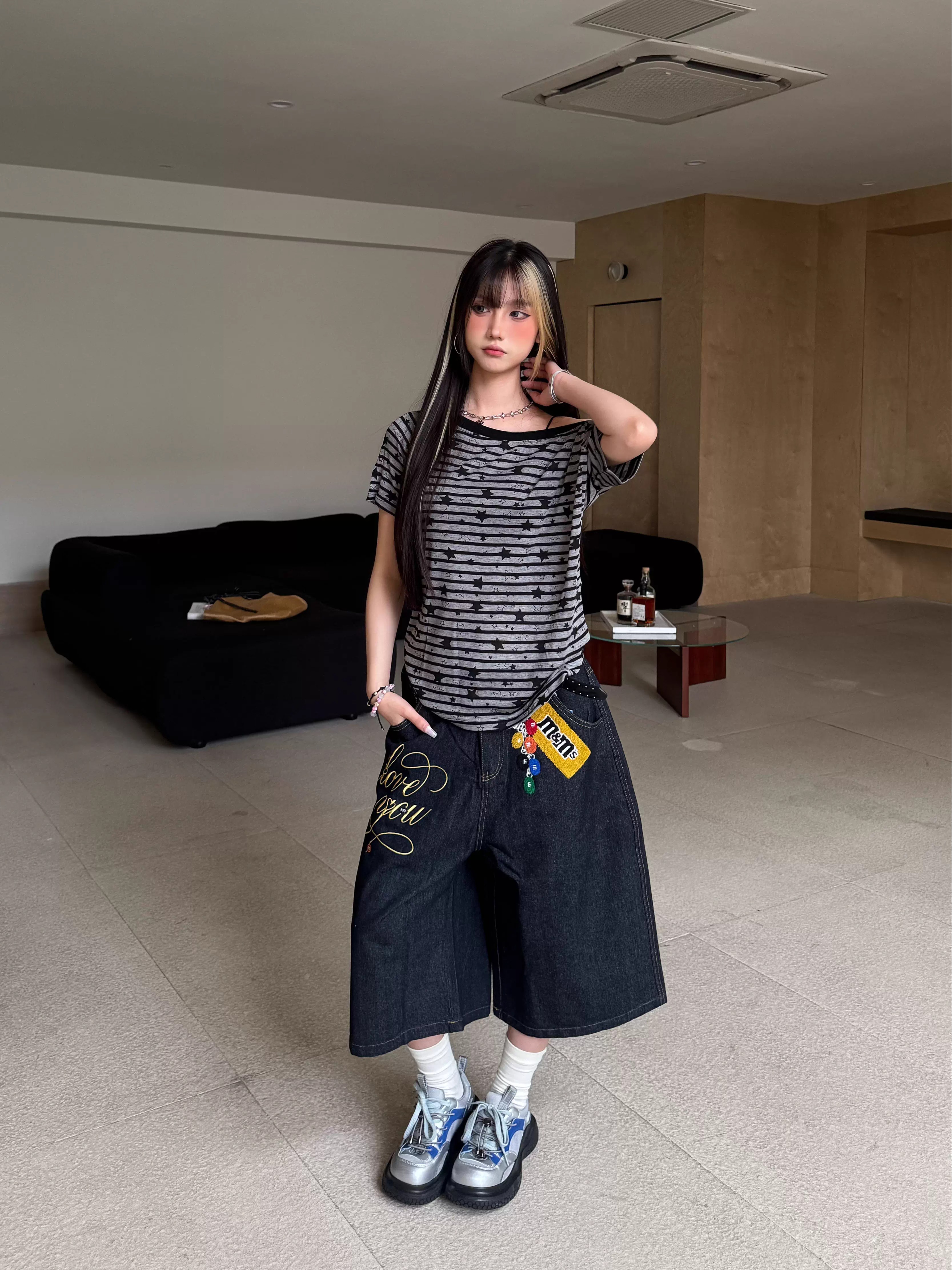 Off-Shoulder Striped Star Print T-Shirt for Women - Spicy Girl Summer Top in American Style, Perfect for 90s Y2K Vibes Off-Shoulder Striped Star Print T-Shirt for Women - Spicy Girl Summer Top in American Style, Perfect for 90s Y2K Vibes