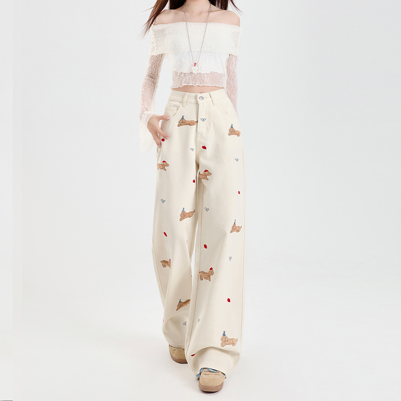 Off-White Embroidered Wide-Leg Jeans for Women, Fleece-Lined Loose-Fitting Straight-Leg Pants, Autumn Winter 2025 Fashion