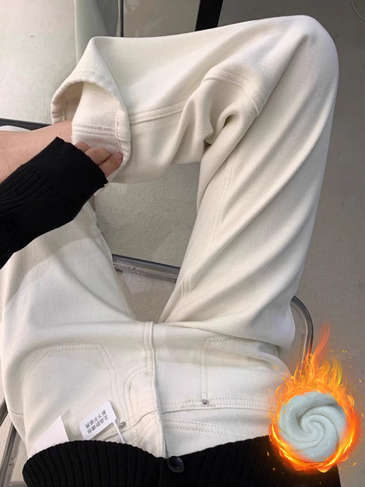 Off-White High-Waisted Fleece Narrow Wide-Leg Jeans for Women - Petite Sizes, 2025 Autumn Winter Straight Pants