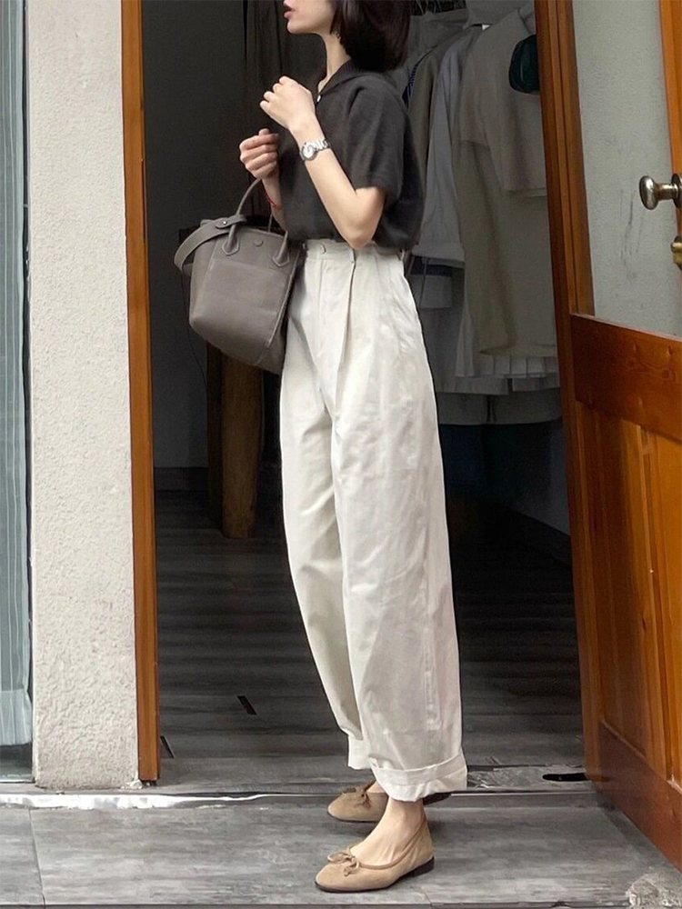 Off-White High-Waisted Japanese-Style Casual Pants for Women - Summer Loose Straight-Leg Wide-Leg Trousers with Drape Off-White High-Waisted Japanese-Style Casual Pants for Women - Summer Loose Straight-Leg Wide-Leg Trousers with Drape