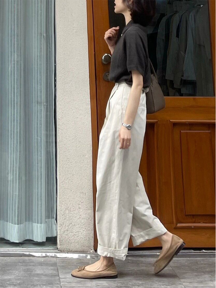 Off-White High-Waisted Japanese-Style Casual Pants for Women - Summer Loose Straight-Leg Wide-Leg Trousers with Drape Off-White High-Waisted Japanese-Style Casual Pants for Women - Summer Loose Straight-Leg Wide-Leg Trousers with Drape