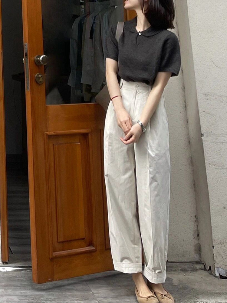Off-White High-Waisted Japanese-Style Casual Pants for Women - Summer Loose Straight-Leg Wide-Leg Trousers with Drape