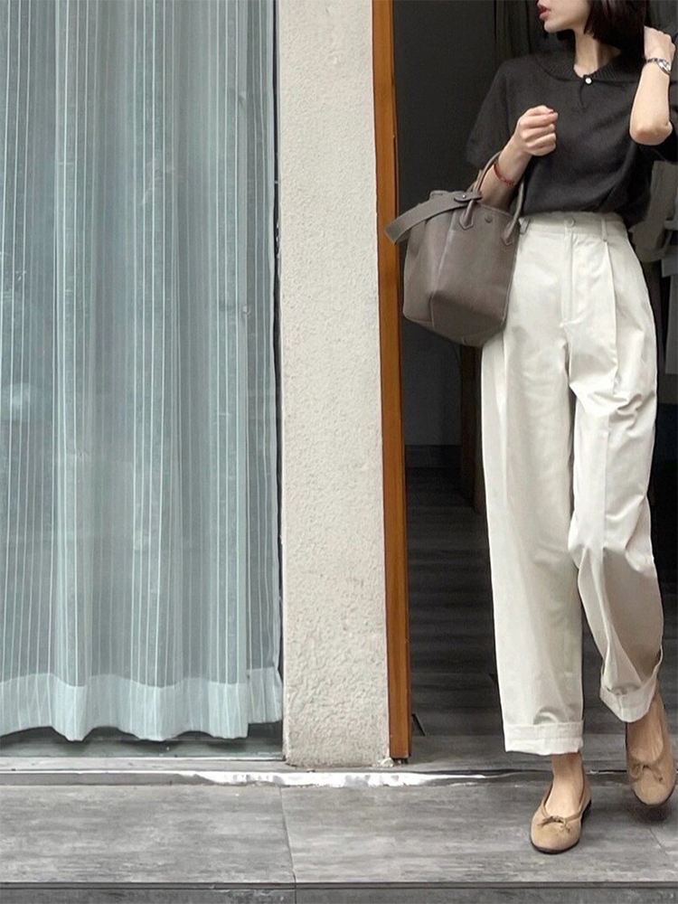 Off-White High-Waisted Japanese-Style Casual Pants for Women - Summer Loose Straight-Leg Wide-Leg Trousers with Drape Off-White High-Waisted Japanese-Style Casual Pants for Women - Summer Loose Straight-Leg Wide-Leg Trousers with Drape