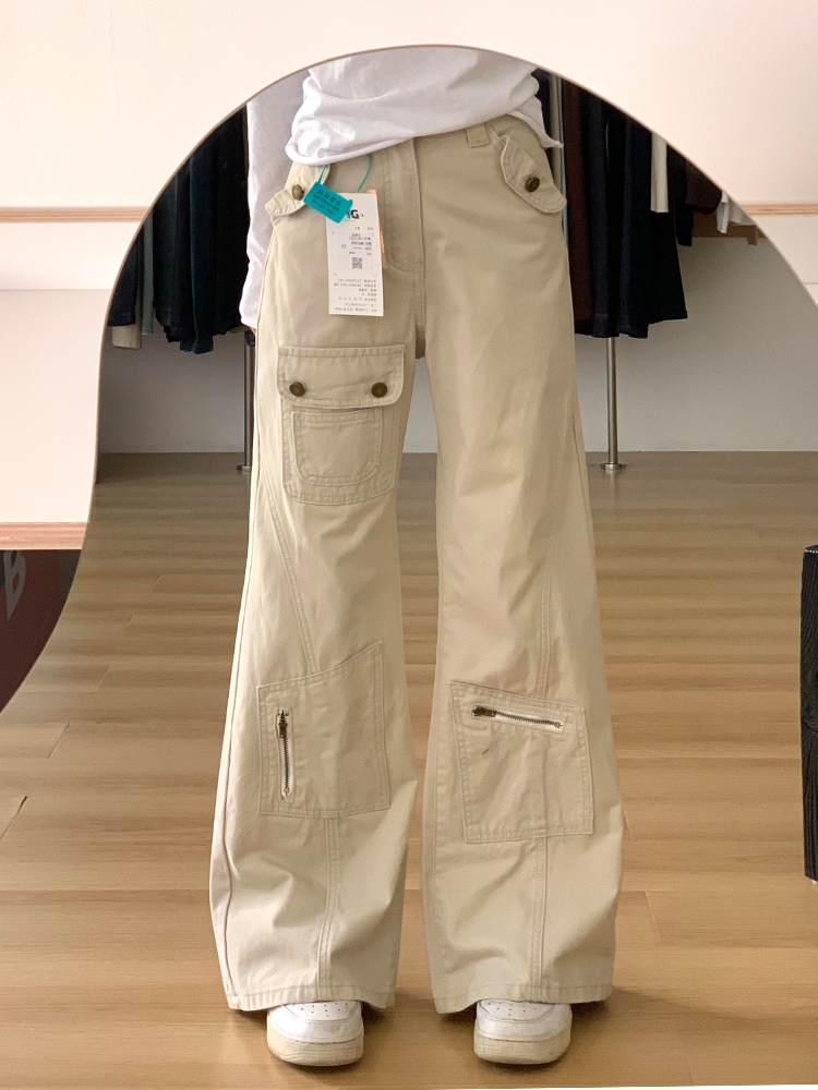 Off-White Slightly Flared Workwear Denim Pants for Women, Summer Loose Wide-Leg Trousers, Slimming Straight-Leg, Floor-Length Style