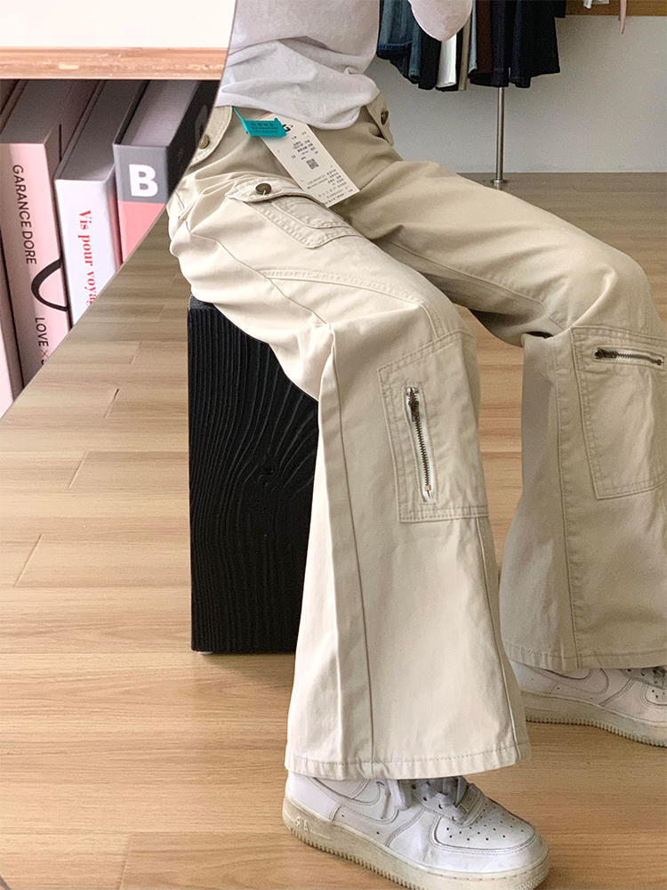 Off-White Slightly Flared Workwear Denim Pants for Women, Summer Loose Wide-Leg Trousers, Slimming Straight-Leg, Floor-Length Style Off-White Slightly Flared Workwear Denim Pants for Women, Summer Loose Wide-Leg Trousers, Slimming Straight-Leg, Floor-Length Style