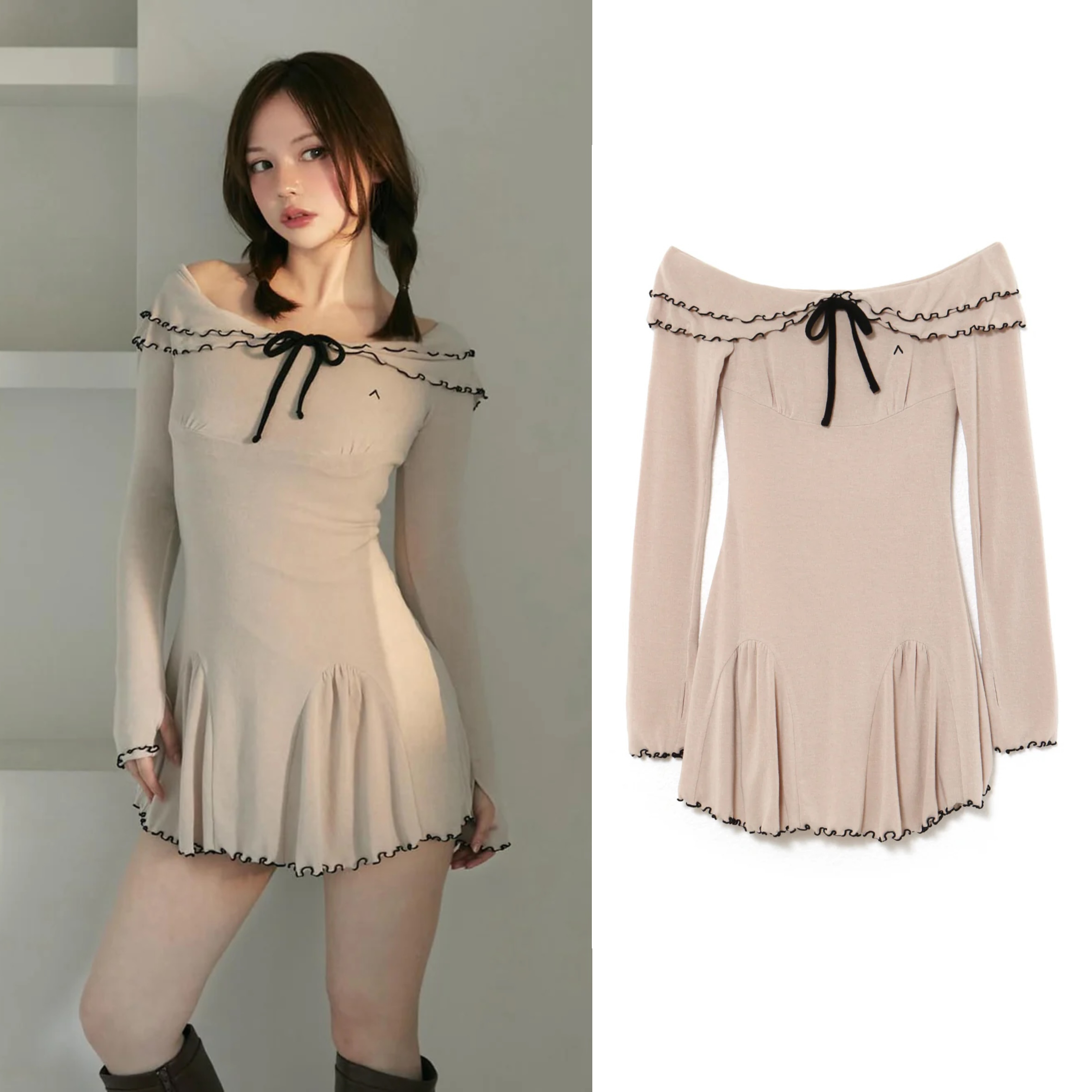 One-Shoulder Fitted Color-Block Lace Shoulder-Exposing Short Dress - Spring/Summer Japanese Style Fashion Dress