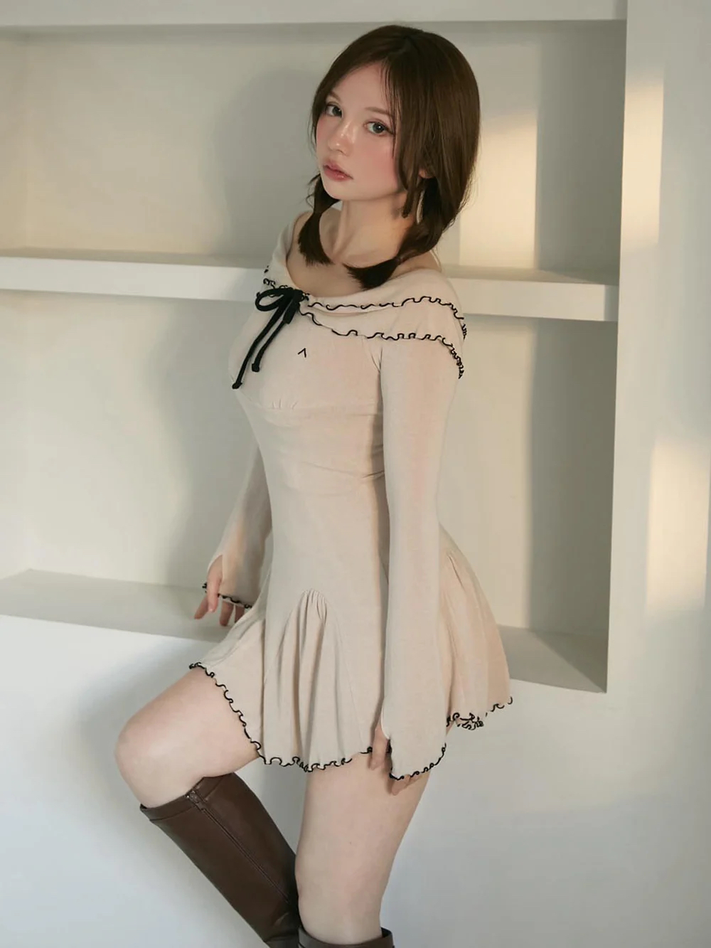 One-Shoulder Fitted Color-Block Lace Shoulder-Exposing Short Dress - Spring/Summer Japanese Style Fashion Dress One-Shoulder Fitted Color-Block Lace Shoulder-Exposing Short Dress - Spring/Summer Japanese Style Fashion Dress