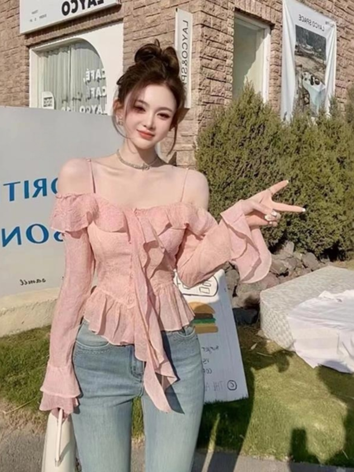 One-Shoulder Flared Sleeve Blouse with Flowing Ribbons - Women's French-Style Spring Top, Elegant Niche Design One-Shoulder Flared Sleeve Blouse with Flowing Ribbons - Women's French-Style Spring Top, Elegant Niche Design