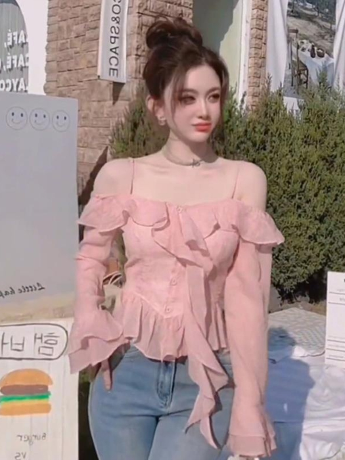 One-Shoulder Flared Sleeve Blouse with Flowing Ribbons - Women's French-Style Spring Top, Elegant Niche Design One-Shoulder Flared Sleeve Blouse with Flowing Ribbons - Women's French-Style Spring Top, Elegant Niche Design