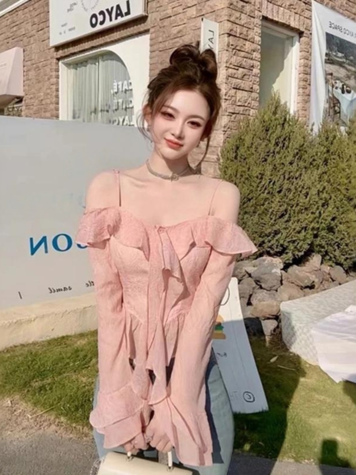 One-Shoulder Flared Sleeve Blouse with Flowing Ribbons - Women's French-Style Spring Top, Elegant Niche Design