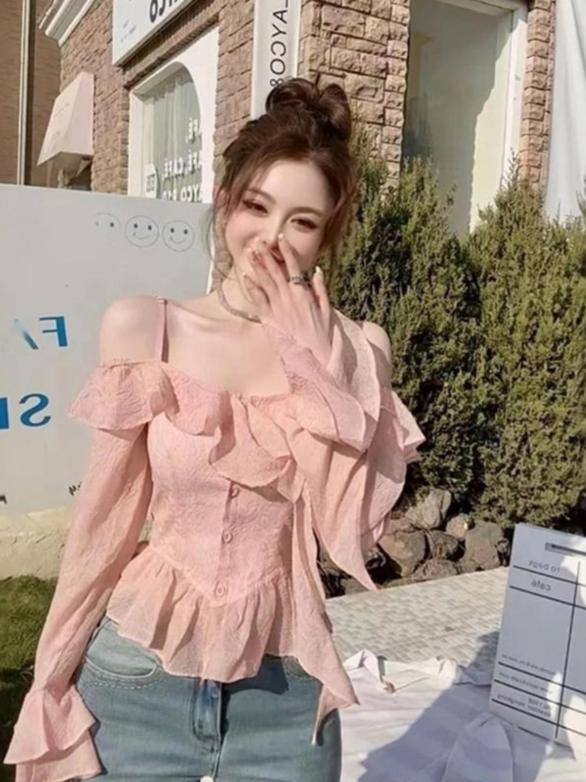 One-Shoulder Flared Sleeve Blouse with Flowing Ribbons - Women's French-Style Spring Top, Elegant Niche Design