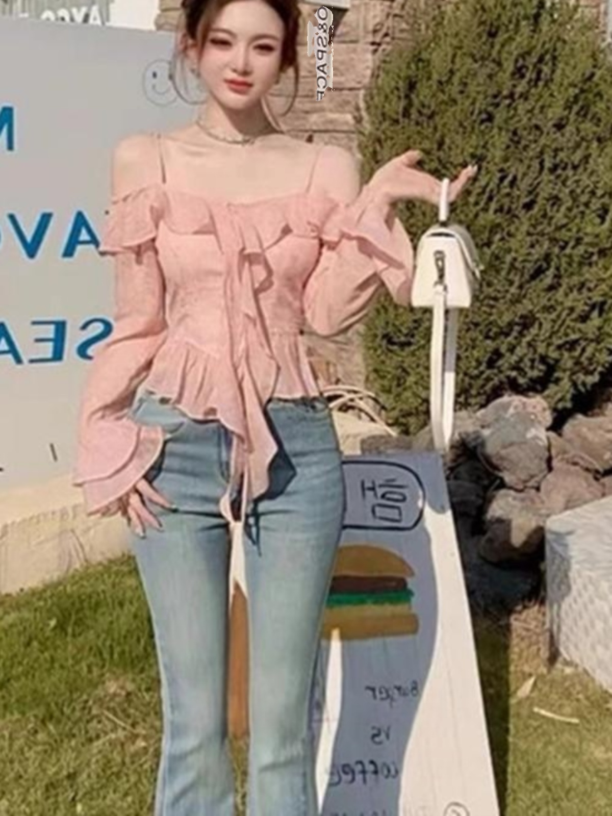 One-Shoulder Flared Sleeve Blouse with Flowing Ribbons - Women's French-Style Spring Top, Elegant Niche Design One-Shoulder Flared Sleeve Blouse with Flowing Ribbons - Women's French-Style Spring Top, Elegant Niche Design