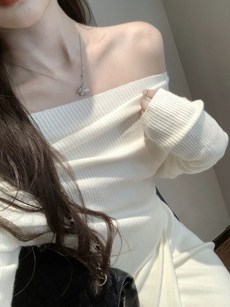 One-Shoulder Knitted Top and Skirt Set for Women - French Style Gentle Temperament, Off-Shoulder Long Sleeve, Autumn Winter Fashion One-Shoulder Knitted Top and Skirt Set for Women - French Style Gentle Temperament, Off-Shoulder Long Sleeve, Autumn Winter Fashion