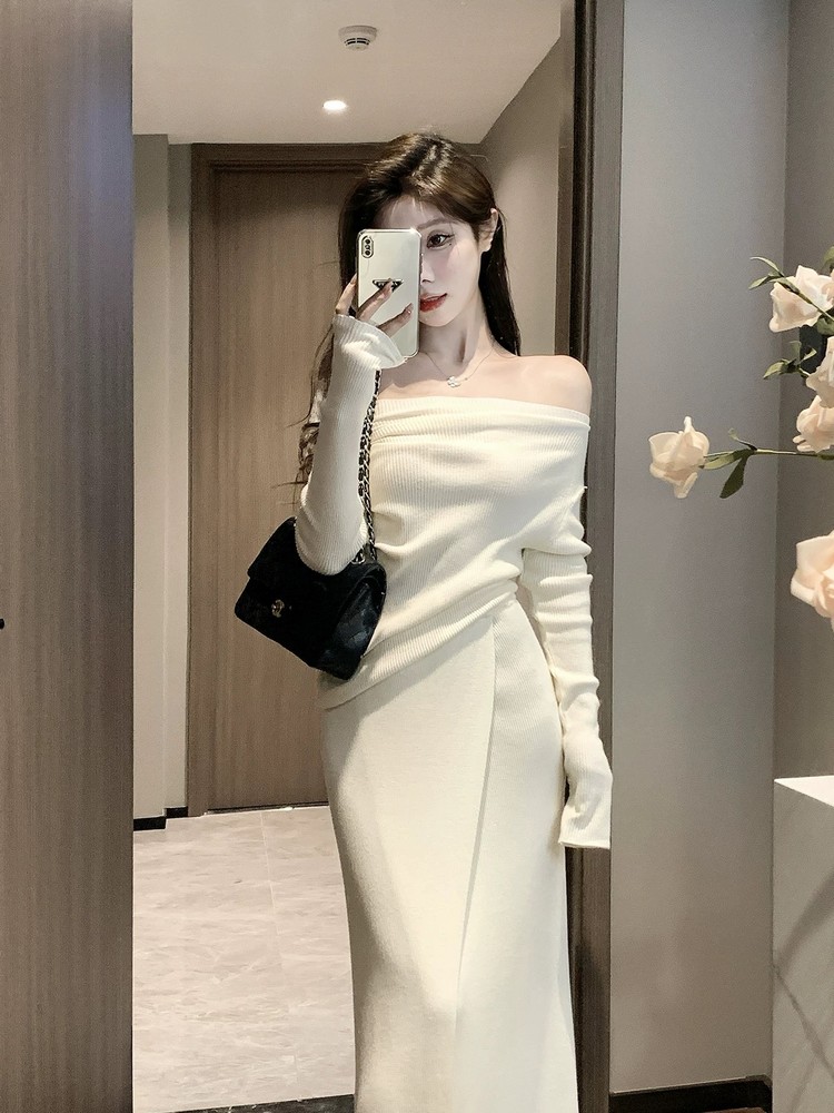 One-Shoulder Knitted Top and Skirt Set for Women - French Style Gentle Temperament, Off-Shoulder Long Sleeve, Autumn Winter Fashion