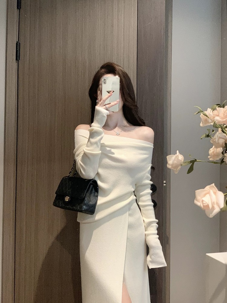 One-Shoulder Knitted Top and Skirt Set for Women - French Style Gentle Temperament, Off-Shoulder Long Sleeve, Autumn Winter Fashion One-Shoulder Knitted Top and Skirt Set for Women - French Style Gentle Temperament, Off-Shoulder Long Sleeve, Autumn Winter Fashion