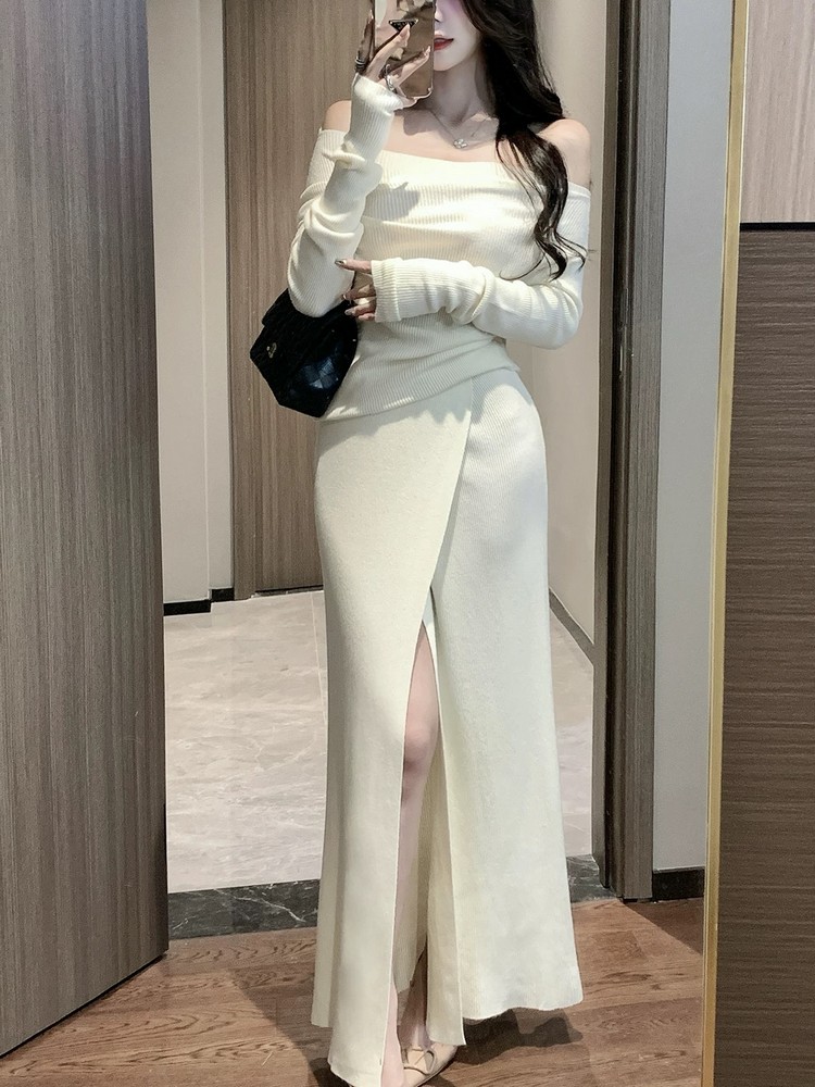 One-Shoulder Knitted Top and Skirt Set for Women - French Style Gentle Temperament, Off-Shoulder Long Sleeve, Autumn Winter Fashion One-Shoulder Knitted Top and Skirt Set for Women - French Style Gentle Temperament, Off-Shoulder Long Sleeve, Autumn Winter Fashion