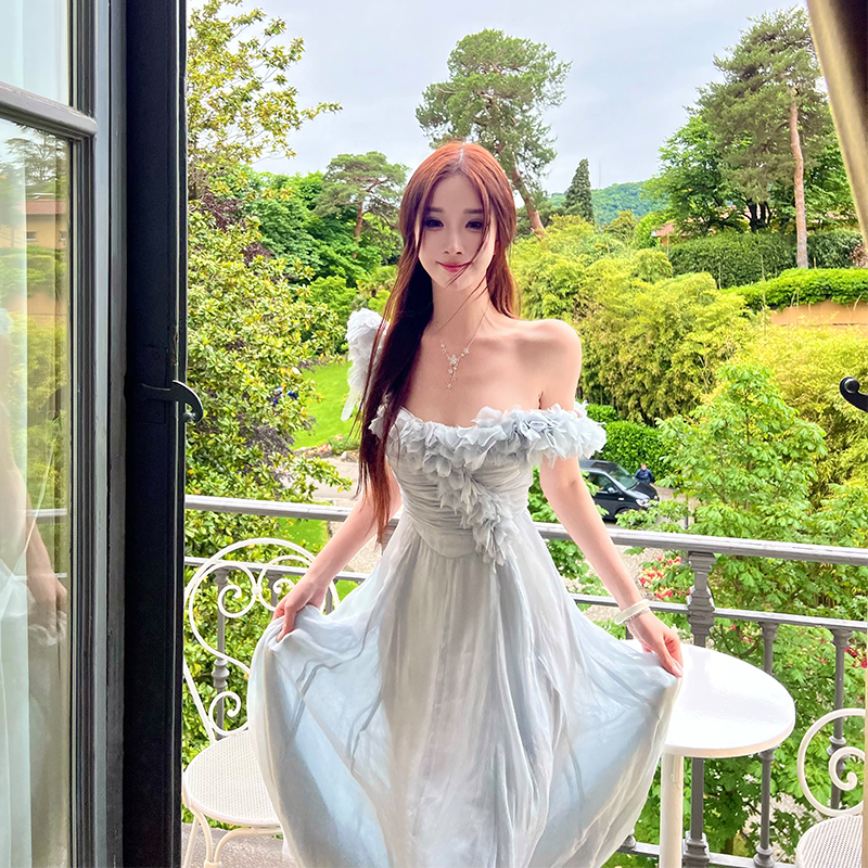 One-Shoulder Multi-Wear Dress in Tea Break Blue Bell - Light Luxury Socialite Style Dress for Women, Elegant Evening Fashion