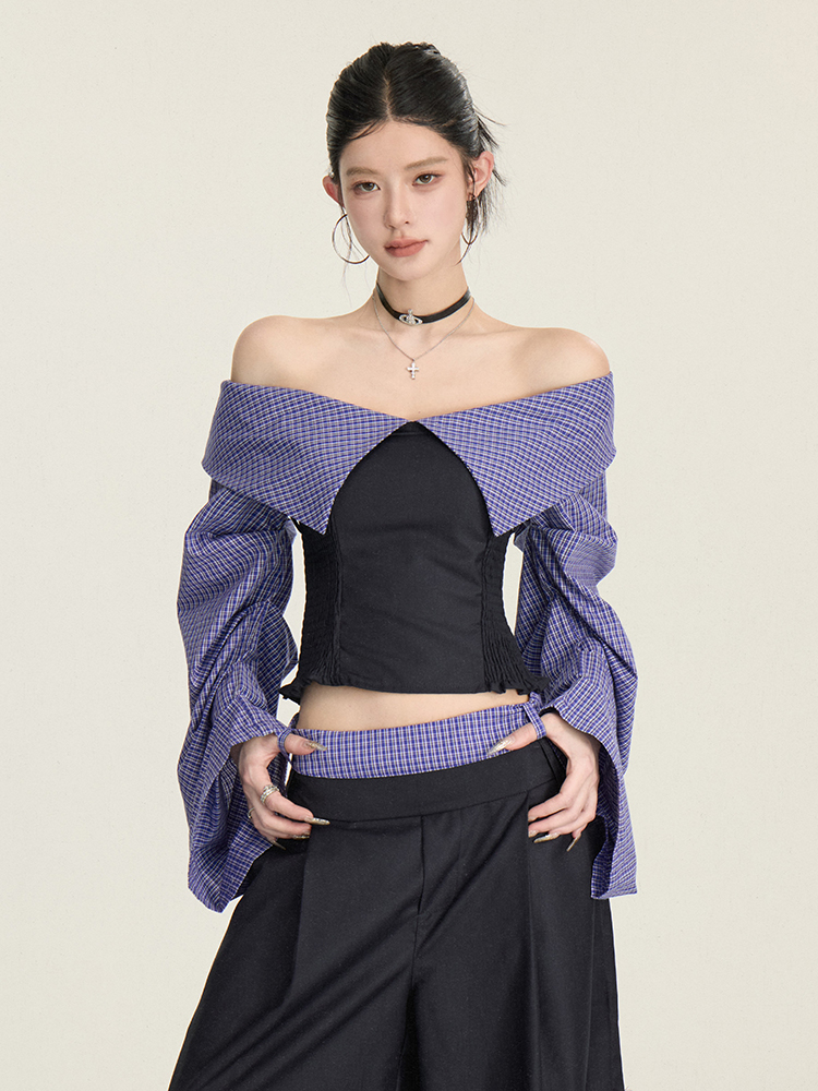 One-Shoulder Plaid Spliced Slim-Fit Top with Casual Long Pants - Spring Summer 90s College Style Fashion Set