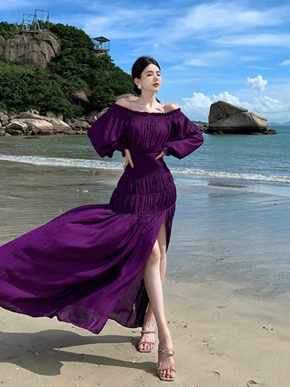 One-Shoulder Purple Beach Dress with Collarbone Cutout - Sanya Wind Bali Island Vacation Skirt for Women