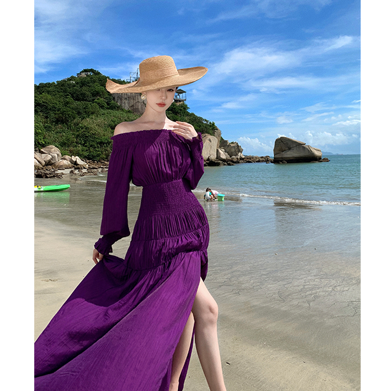 One-Shoulder Purple Beach Dress with Collarbone Cutout - Sanya Wind Bali Island Vacation Skirt for Women