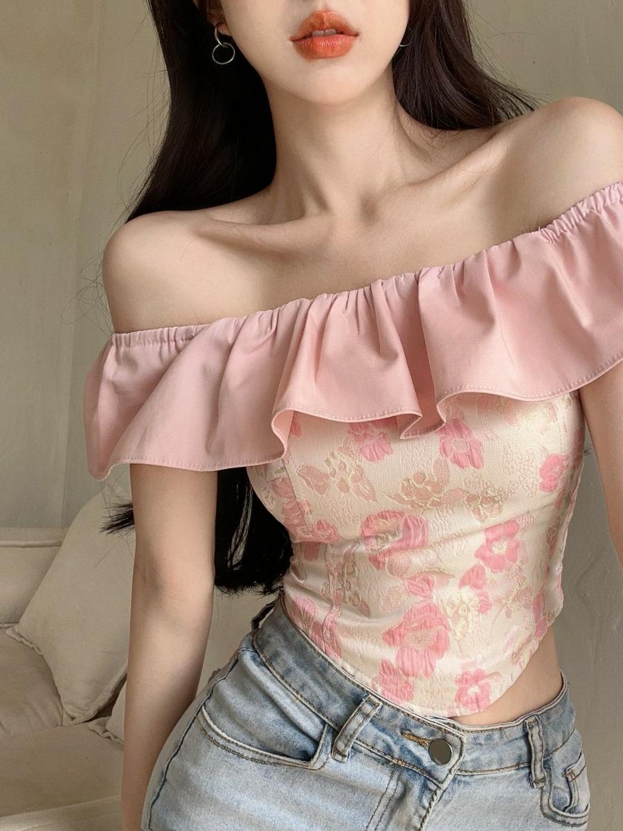 One-Shoulder Ruffle Top for Women, Sweet Spring Summer Top, Irregular Design, Chic French Style Tea Break Shirt