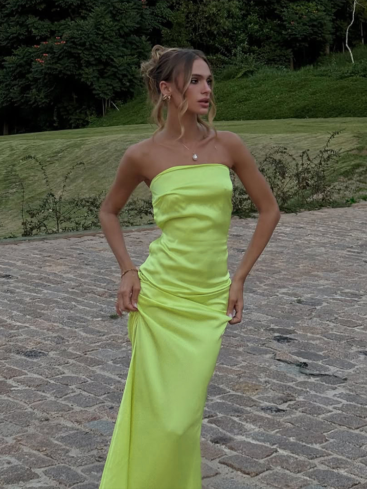 One-Shoulder Satin Strapless Evening Gown for Women, Backless High-End Dress with Long Skirt, European American Style One-Shoulder Satin Strapless Evening Gown for Women, Backless High-End Dress with Long Skirt, European American Style