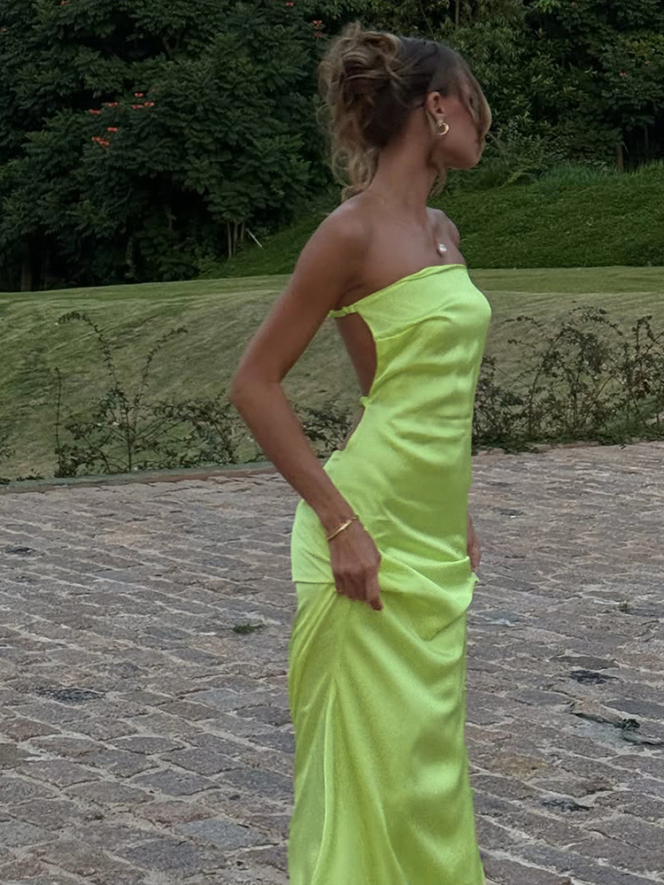 One-Shoulder Satin Strapless Evening Gown for Women, Backless High-End Dress with Long Skirt, European American Style One-Shoulder Satin Strapless Evening Gown for Women, Backless High-End Dress with Long Skirt, European American Style