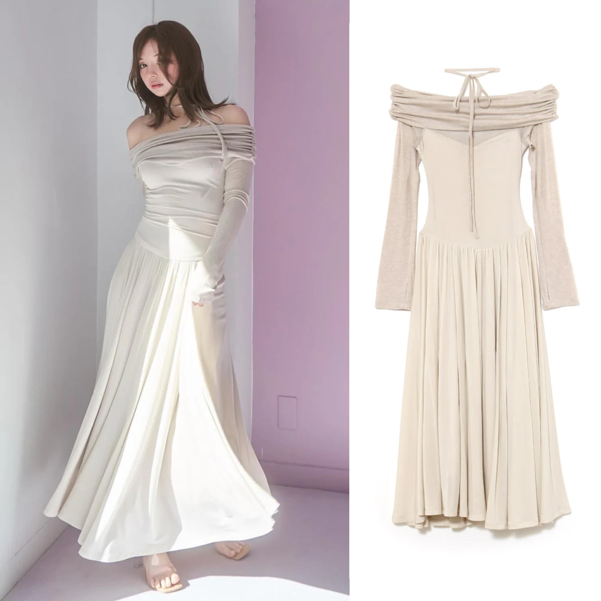 One-Shoulder Spliced Draped Slimming Waist Dress - 25th Anniversary Spring/Summer Collection, Long Skirt, Elegant Style