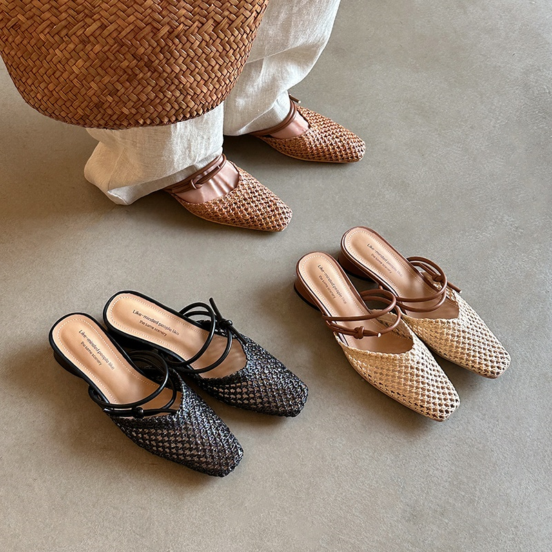 One-Strap Hollow Out Open-Toe Sandals for Women - Summer Flat Woven Mules Slippers, Niche Style One-Strap Hollow Out Open-Toe Sandals for Women - Summer Flat Woven Mules Slippers, Niche Style