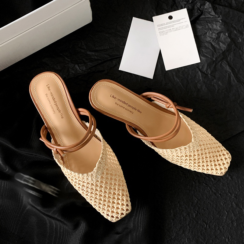 One-Strap Hollow Out Open-Toe Sandals for Women - Summer Flat Woven Mules Slippers, Niche Style One-Strap Hollow Out Open-Toe Sandals for Women - Summer Flat Woven Mules Slippers, Niche Style