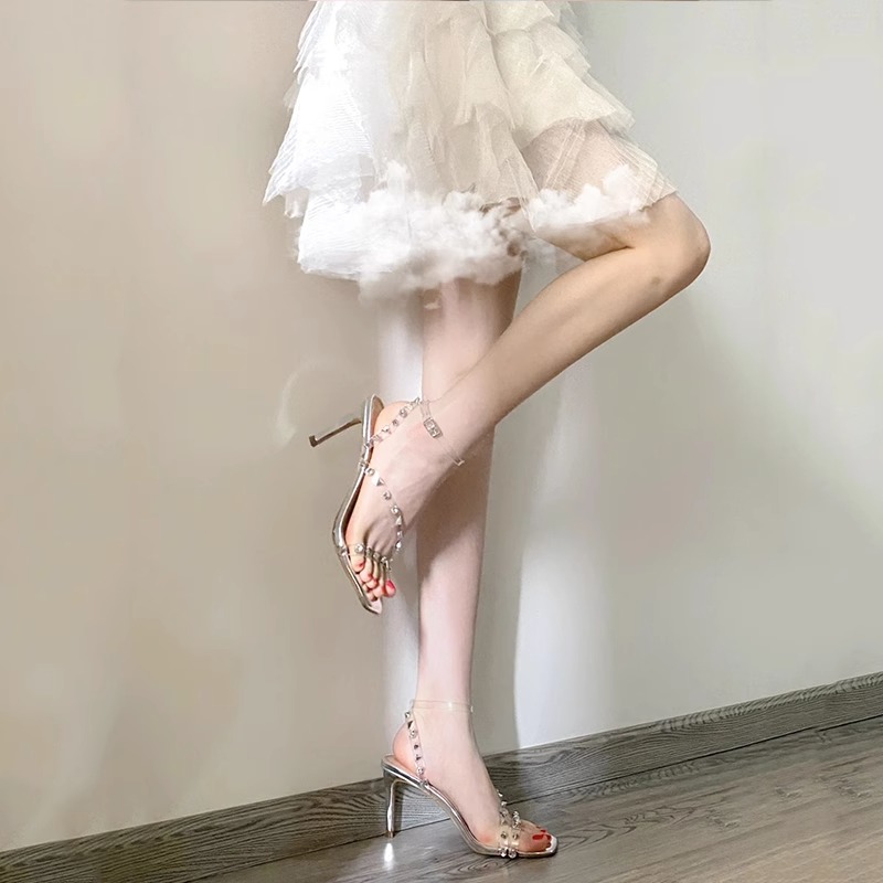 Open-Toe Silver Stiletto Heels for Women, 2025 Summer One-Strap Buckle Sexy Sandals, Square Head Thin Heel Fashion Footwear