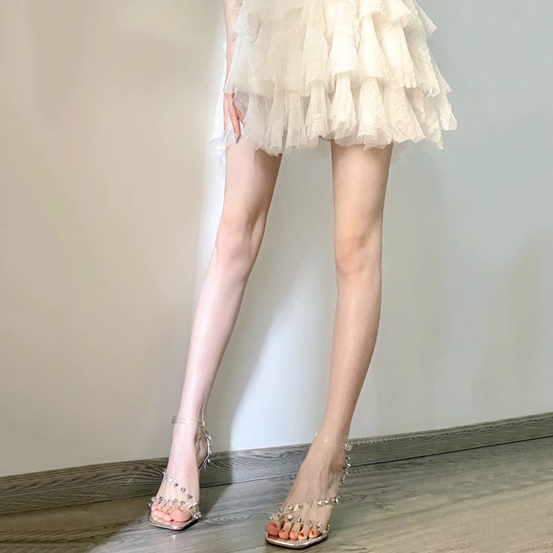 Open-Toe Silver Stiletto Heels for Women, 2025 Summer One-Strap Buckle Sexy Sandals, Square Head Thin Heel Fashion Footwear