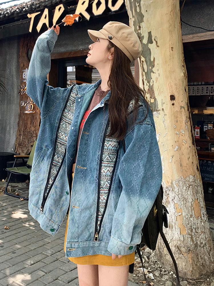 Oversized Blue Washed Patchwork Denim Jacket for Women – Retro American Style Zip Work Jacket Oversized Blue Washed Patchwork Denim Jacket for Women – Retro American Style Zip Work Jacket