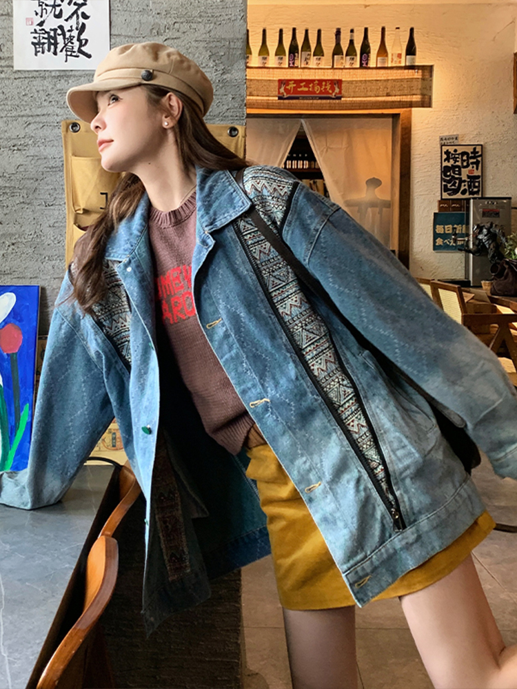 Oversized Blue Washed Patchwork Denim Jacket for Women – Retro American Style Zip Work Jacket Oversized Blue Washed Patchwork Denim Jacket for Women – Retro American Style Zip Work Jacket
