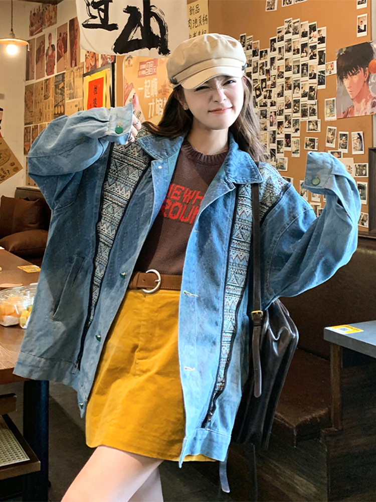 Oversized Blue Washed Patchwork Denim Jacket for Women â€“ Retro American Style Zip Work Jacket