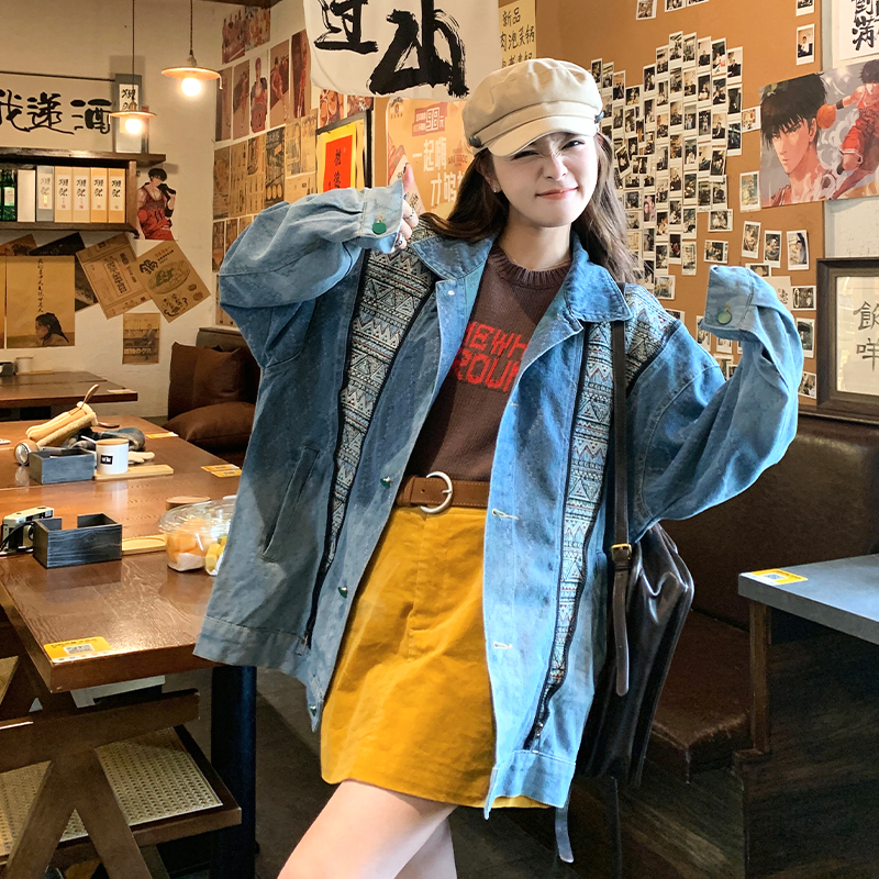 Oversized Blue Washed Patchwork Denim Jacket for Women â€“ Retro American Style Zip Work Jacket