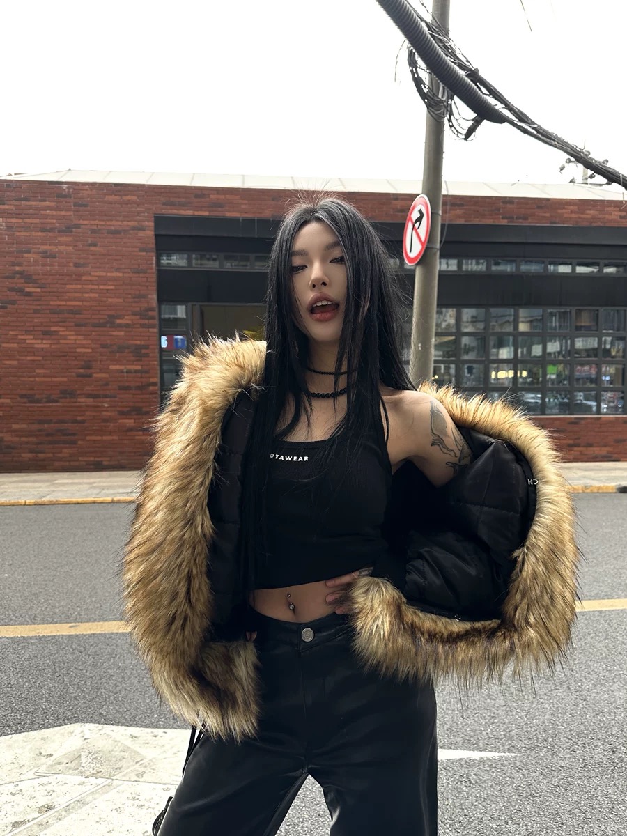 Oversized Flight Jacket with Raccoon Big Fur Collar - Thick Cotton Faux Fur Outerwear for Women - 2025 Autumn Winter Fashion