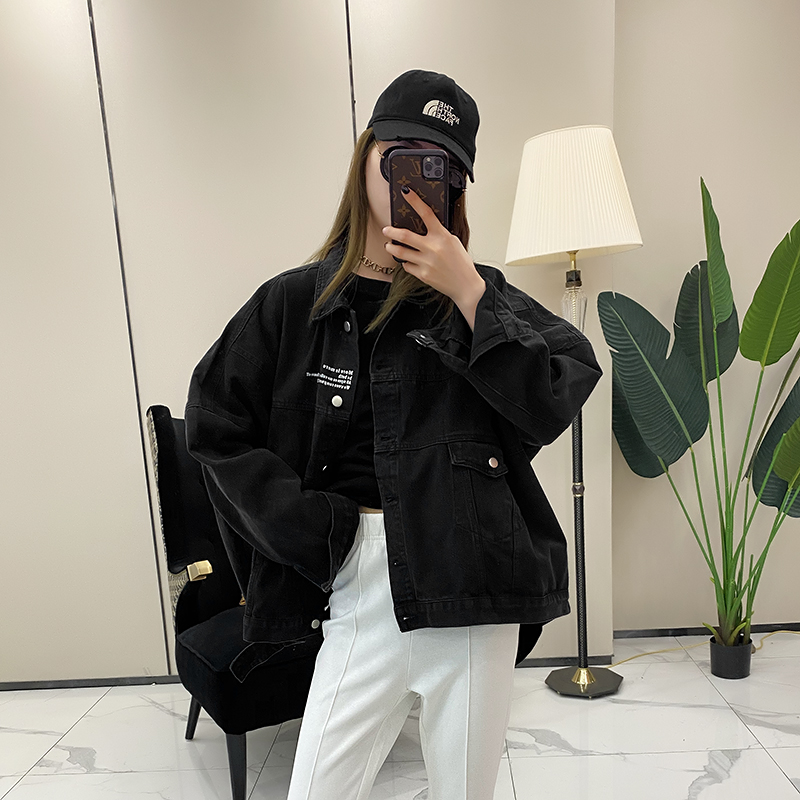 Oversized Letter Pattern Denim Jacket for Women - European Street Style, Autumn Fashion, Trendy Casual Outerwear