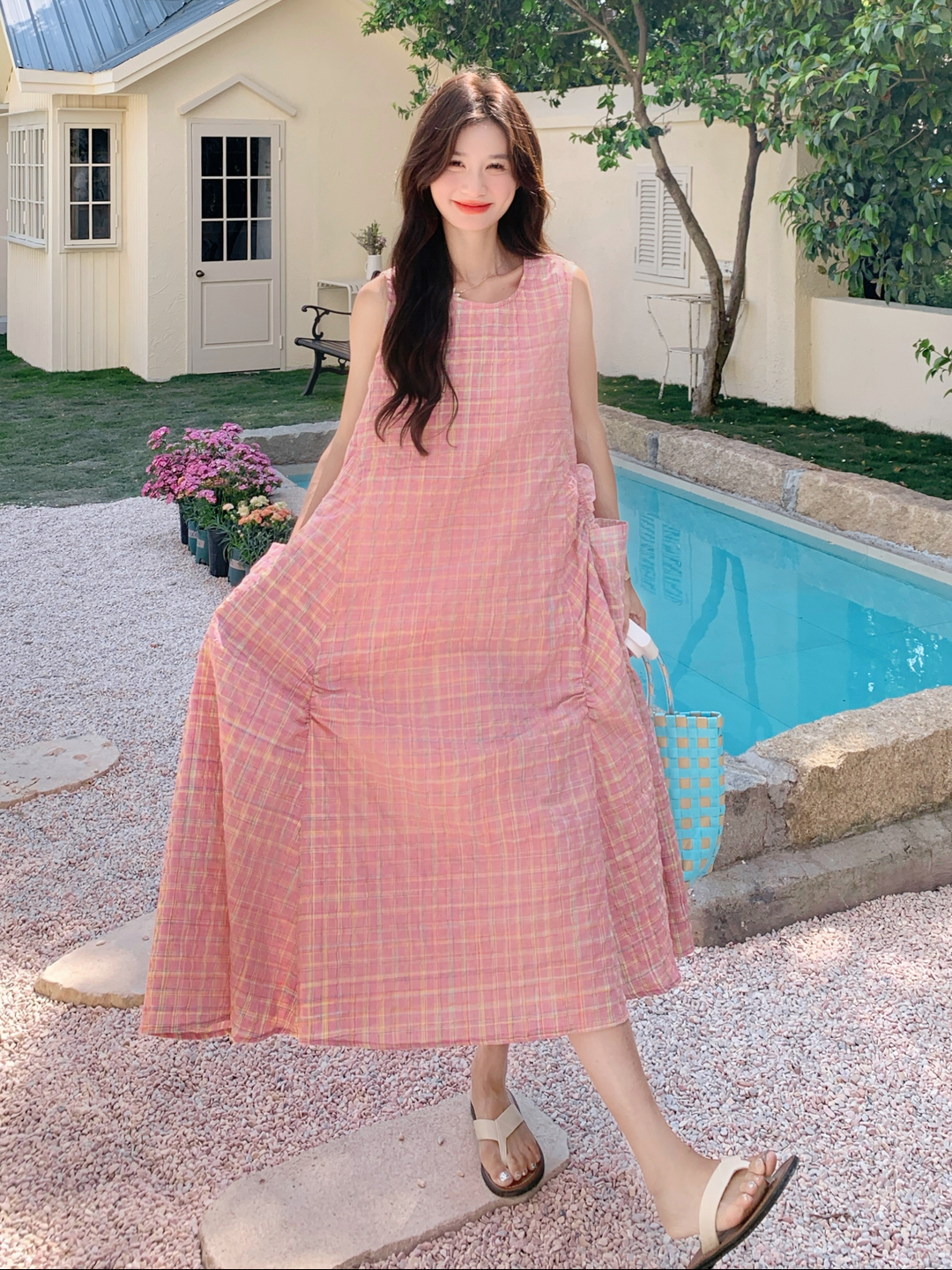 Patchwork Pink Plaid Sleeveless Dress for Women - Summer 2025 College Style Sling Long Dress