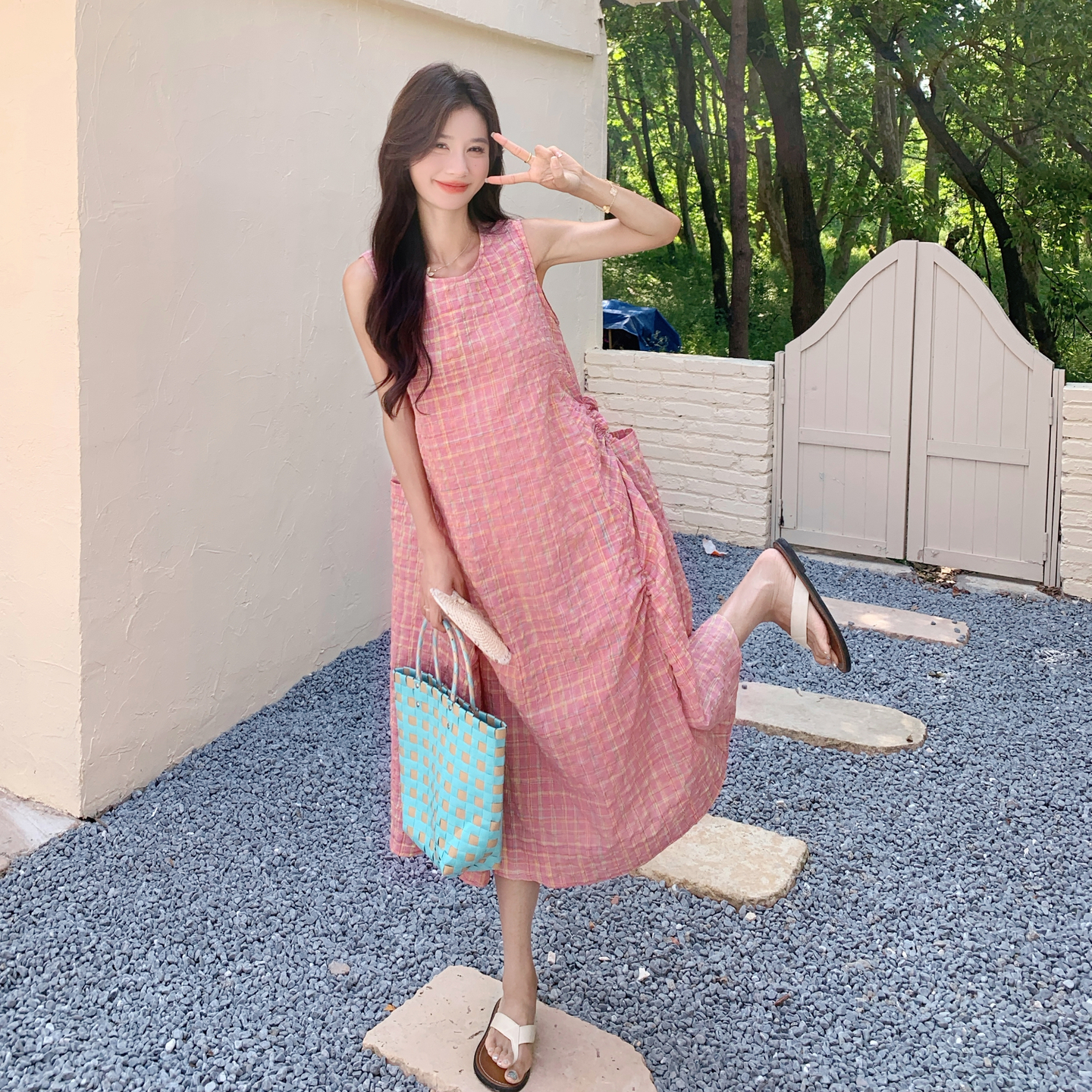 Patchwork Pink Plaid Sleeveless Dress for Women - Summer 2025 College Style Sling Long Dress