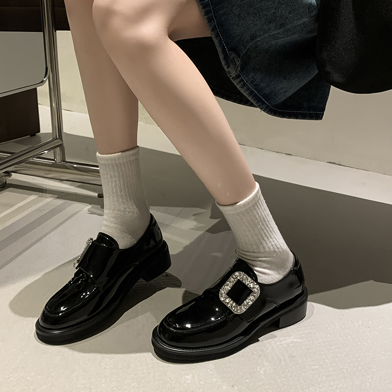 Patent Leather Flat Loafers with Rhinestone Square Buckle - Women's Low-Heeled British Style Shoes Patent Leather Flat Loafers with Rhinestone Square Buckle - Women's Low-Heeled British Style Shoes