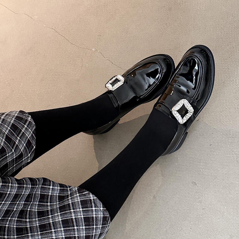 Patent Leather Flat Loafers with Rhinestone Square Buckle - Women's Low-Heeled British Style Shoes Patent Leather Flat Loafers with Rhinestone Square Buckle - Women's Low-Heeled British Style Shoes