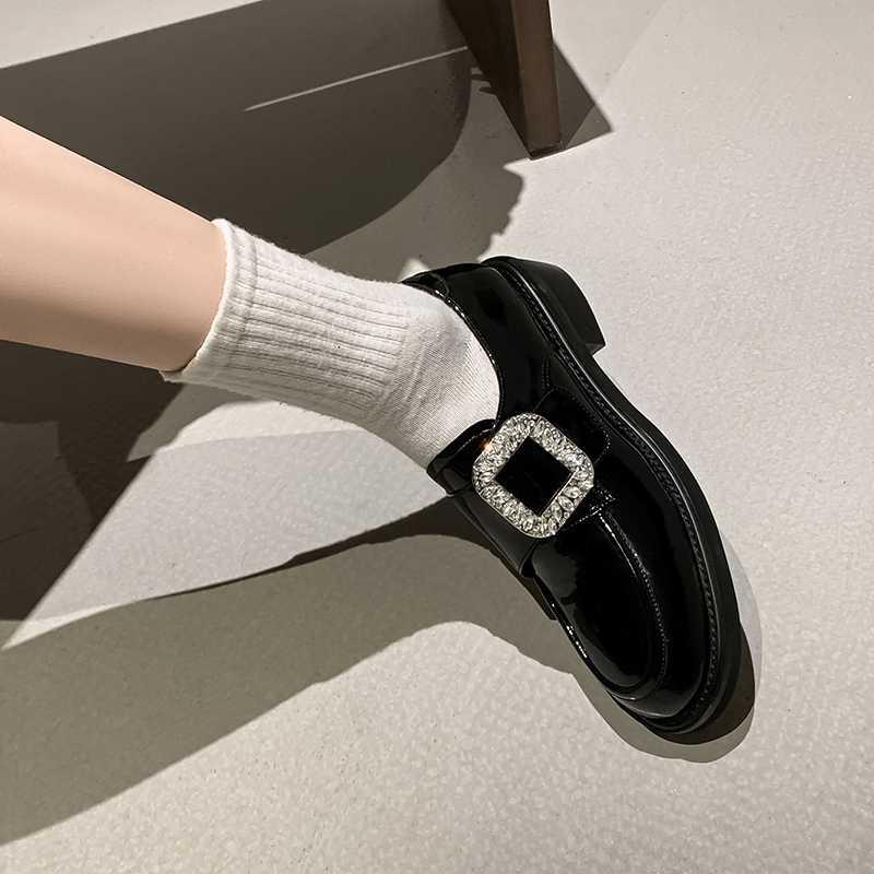 Patent Leather Flat Loafers with Rhinestone Square Buckle - Women's Low-Heeled British Style Shoes Patent Leather Flat Loafers with Rhinestone Square Buckle - Women's Low-Heeled British Style Shoes