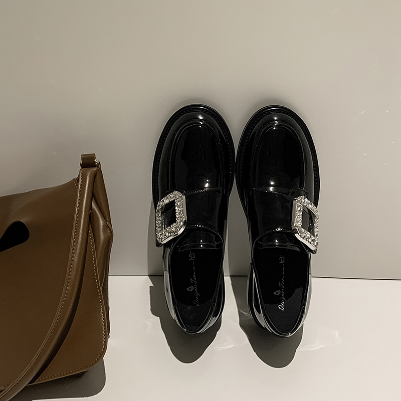 Patent Leather Flat Loafers with Rhinestone Square Buckle - Women's Low-Heeled British Style Shoes