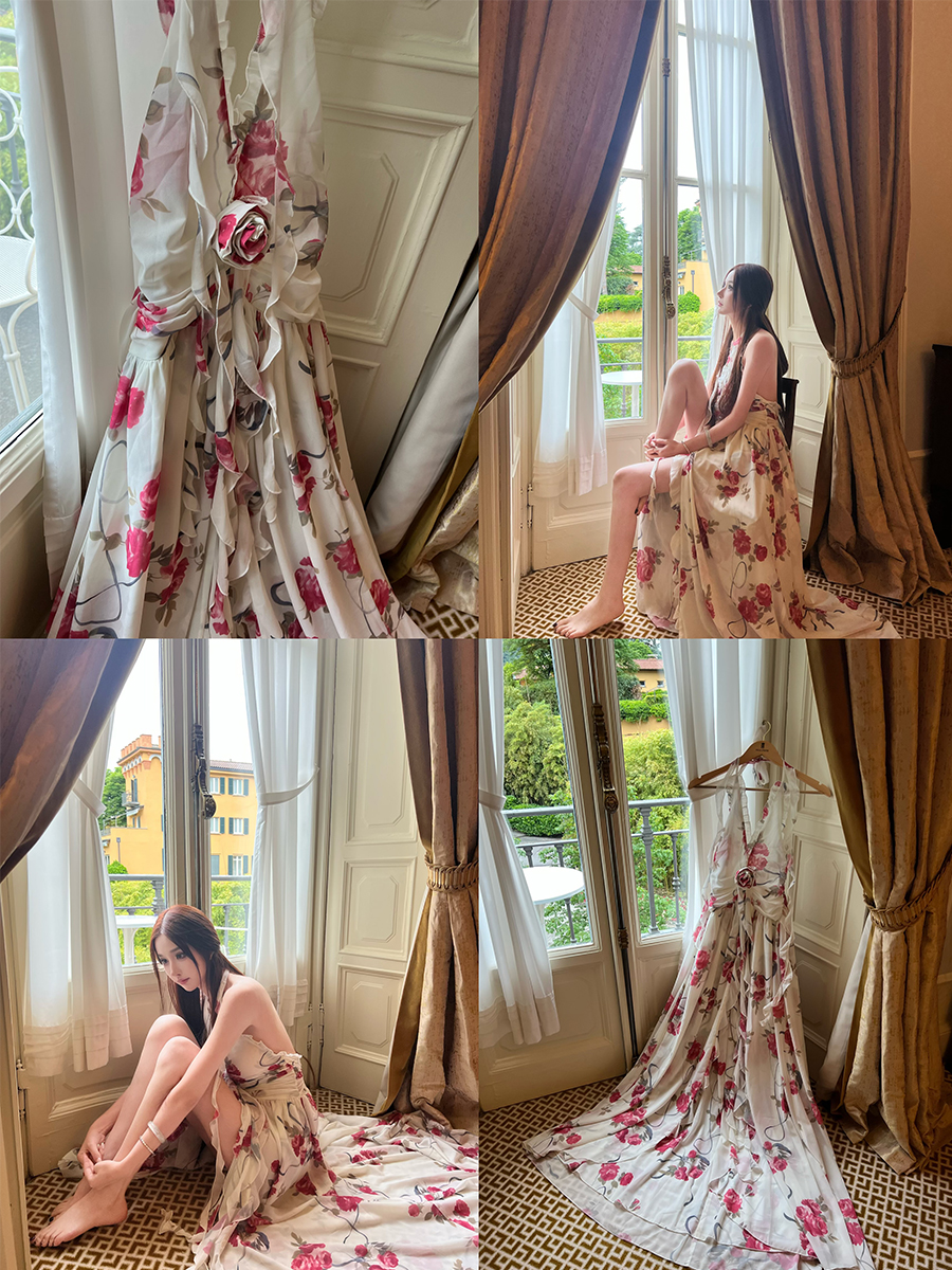 Peach Blossom High-End Printed Slip Dress for Tall Figures - Socialite Style, Slim Fit, and Side Slit, Perfect for 90s and Y2K Fashion. Peach Blossom High-End Printed Slip Dress for Tall Figures - Socialite Style, Slim Fit, and Side Slit, Perfect for 90s and Y2K Fashion.