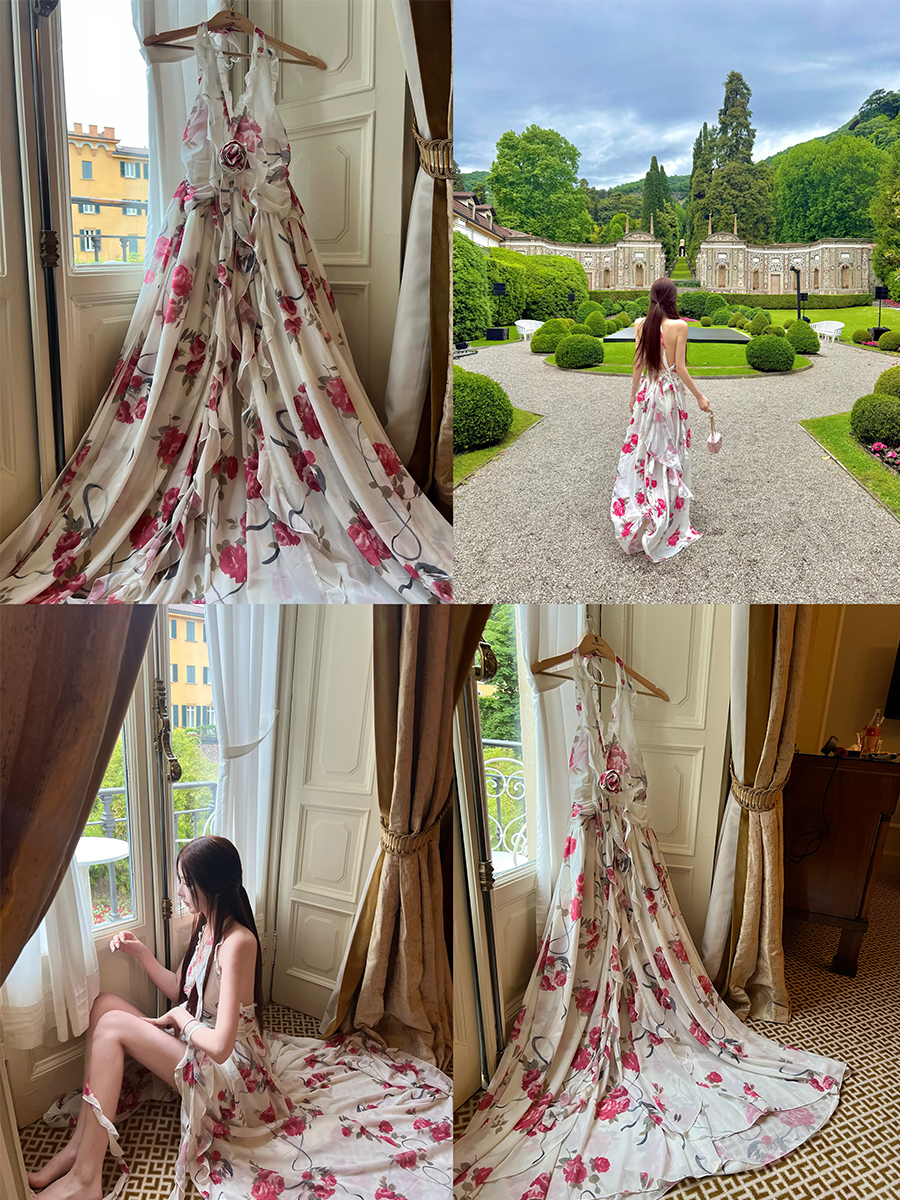 Peach Blossom High-End Printed Slip Dress for Tall Figures - Socialite Style, Slim Fit, and Side Slit, Perfect for 90s and Y2K Fashion. Peach Blossom High-End Printed Slip Dress for Tall Figures - Socialite Style, Slim Fit, and Side Slit, Perfect for 90s and Y2K Fashion.