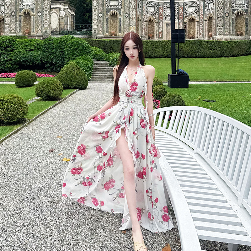 Peach Blossom High-End Printed Slip Dress for Tall Figures - Socialite Style, Slim Fit, and Side Slit, Perfect for 90s and Y2K Fashion.