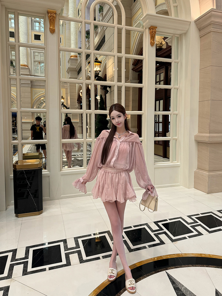 Peach Ice Yarn Chiffon Ruffle Top & Short Skirt Set - Trendy Two-Piece Outfit for Summer, Y2K Style