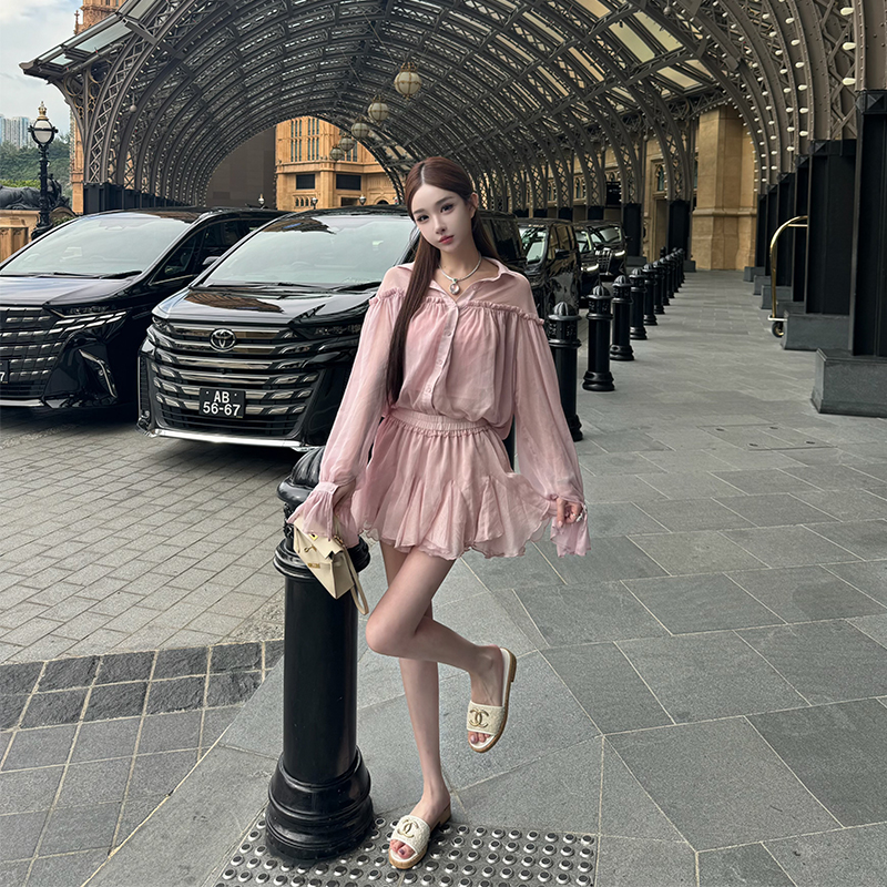 Peach Ice Yarn Chiffon Ruffle Top & Short Skirt Set - Trendy Two-Piece Outfit for Summer, Y2K Style