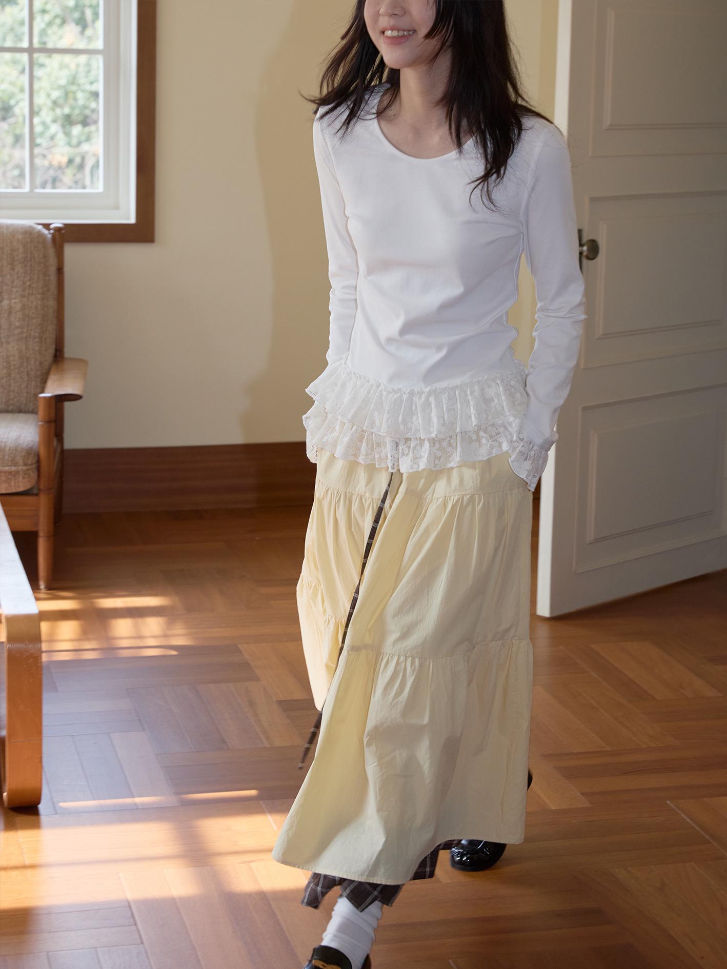 Pearl Dream Yarn Lace Trim Long Sleeve T-Shirt - Slim Fit Round Neck Top in 90s Inspired Style Pearl Dream Yarn Lace Trim Long Sleeve T-Shirt - Slim Fit Round Neck Top in 90s Inspired Style